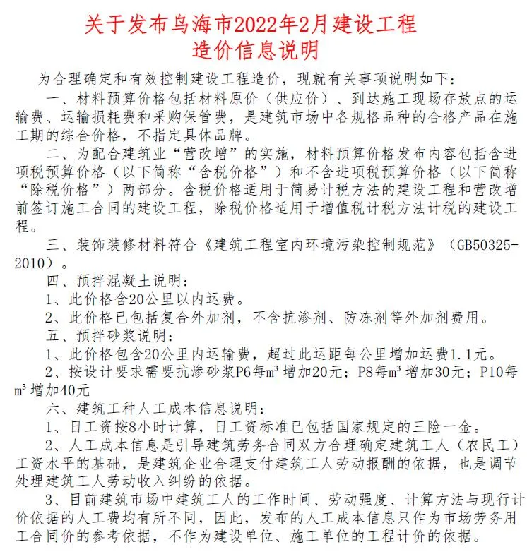 2022年乌海信息价