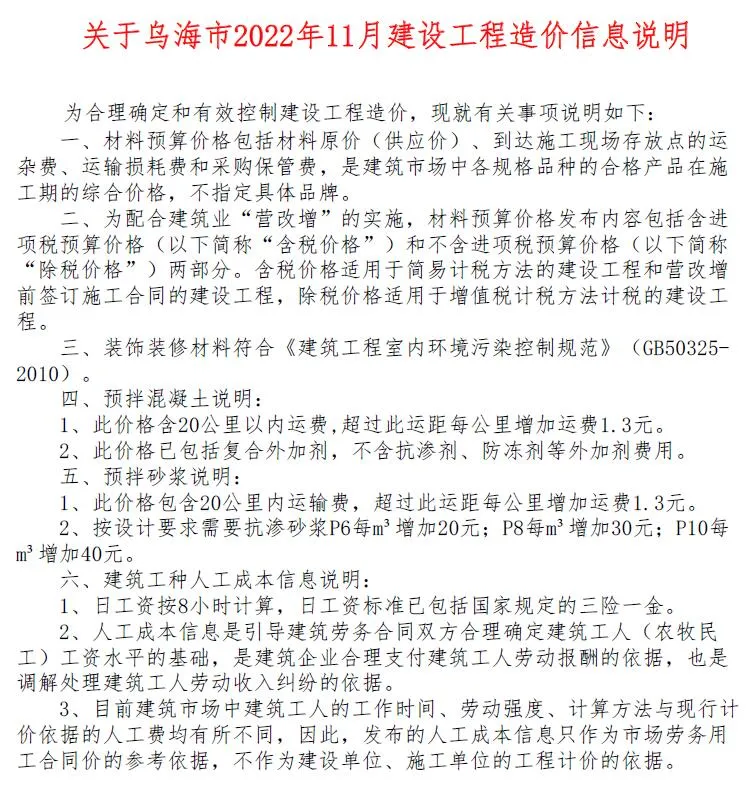 2022年11月乌海市信息价