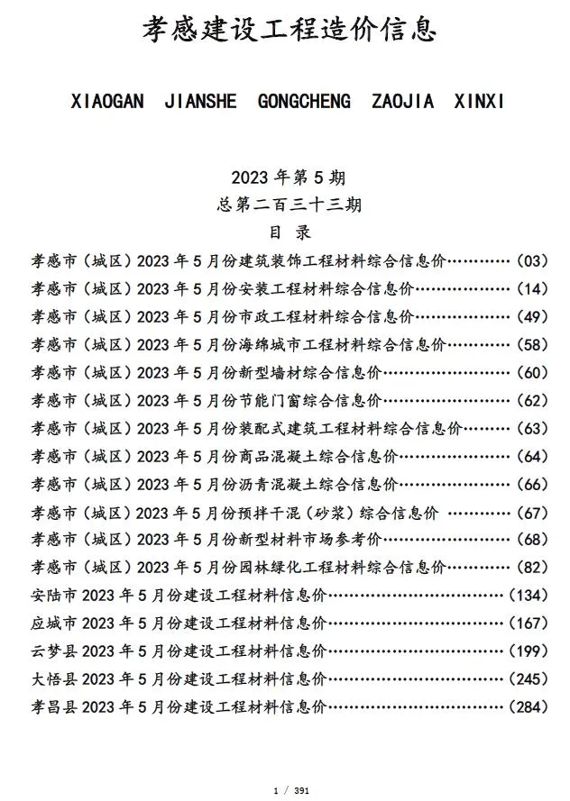 2023年5月孝感信息价