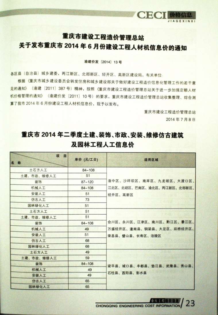 重庆市2014年7月信息价封面