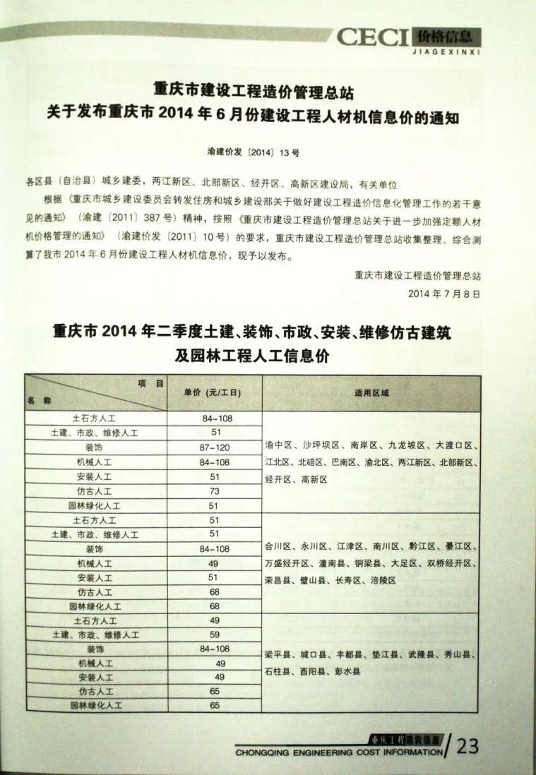 重庆2014年7月信息价