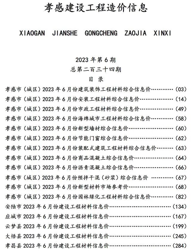 孝感2023年6月信息价