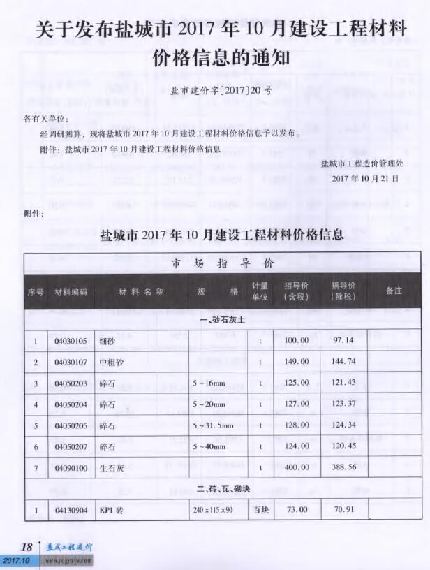 盐城市2017年10月信息价封面