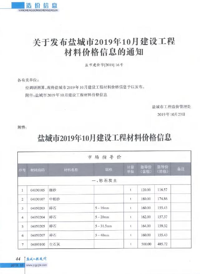 盐城市2019年10月信息价封面