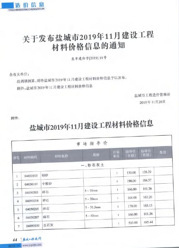 盐城市2019年11月信息价封面