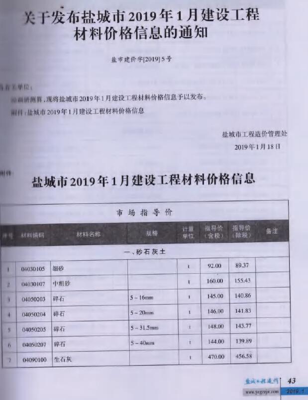 盐城市2019年第1期信息价封面