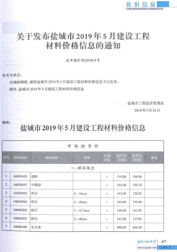 盐城市2019年第5期信息价封面