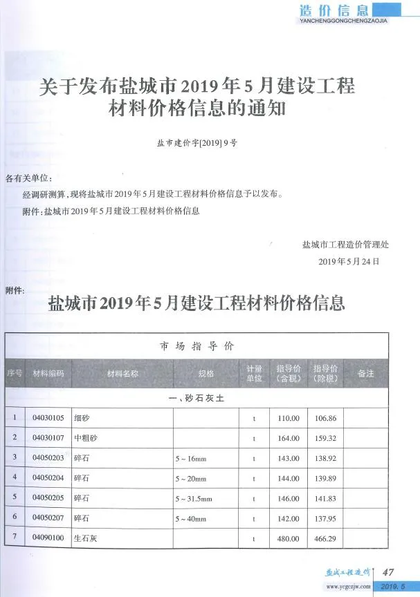 盐城市2019年第5期信息价封面