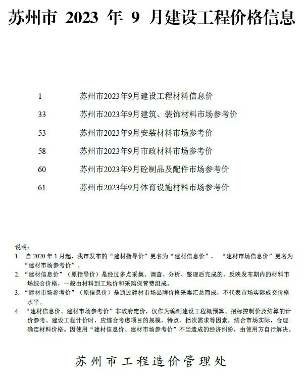 苏州市2023年9月信息价