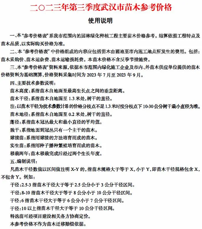 武汉市2023年3季度苗木7、8、9月电子版信息价