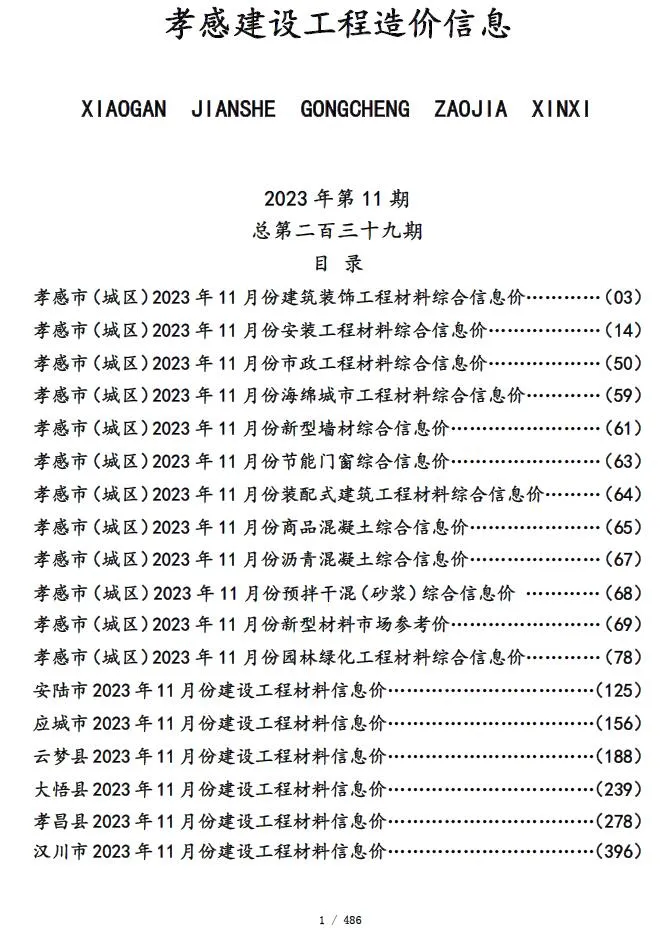 孝感2023年11月信息价
