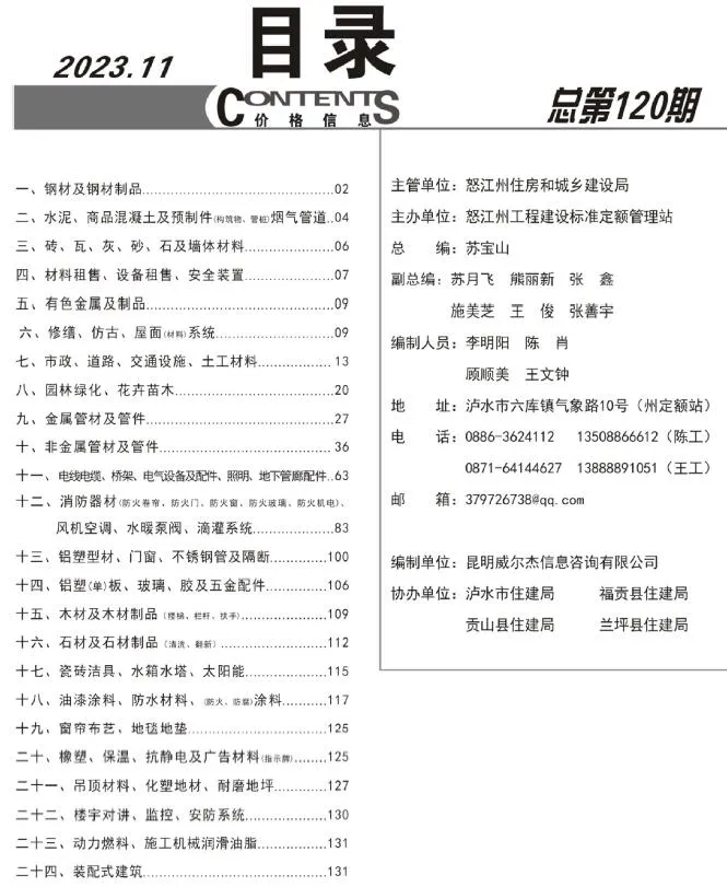 怒江州2023年11月信息价