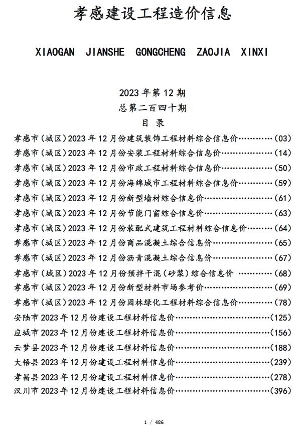 孝感市2023年12月信息价封面