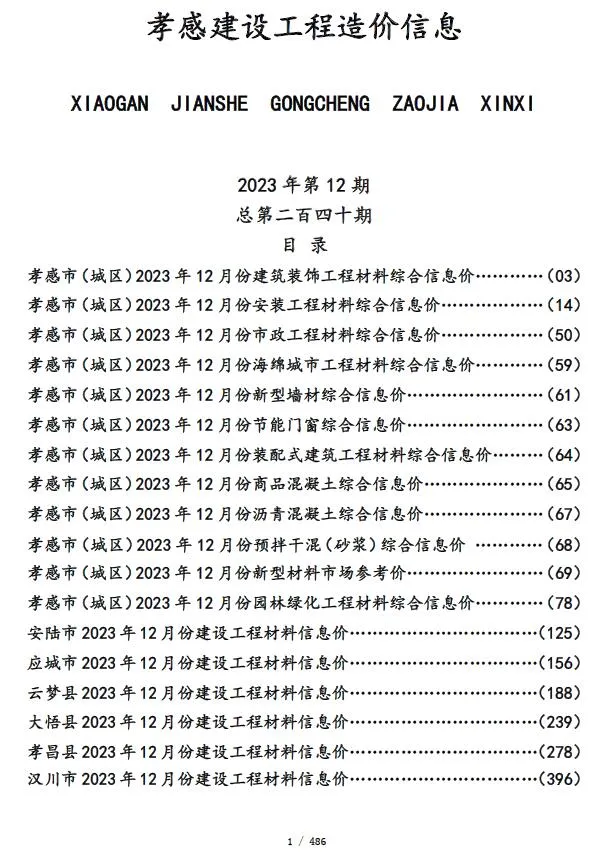孝感2023年12月信息价