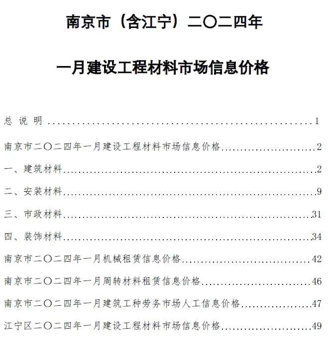 南京市2024年1月信息价
