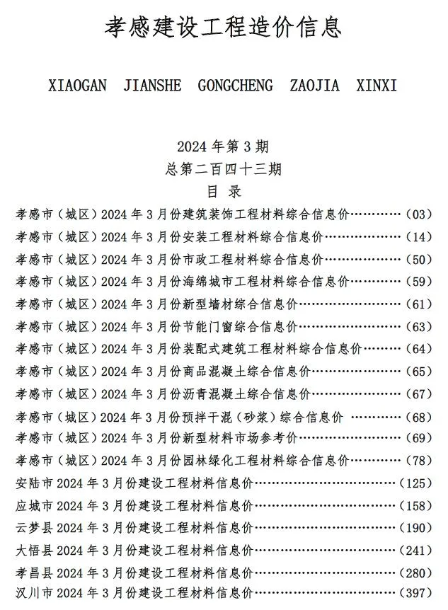 孝感2024年3月信息价