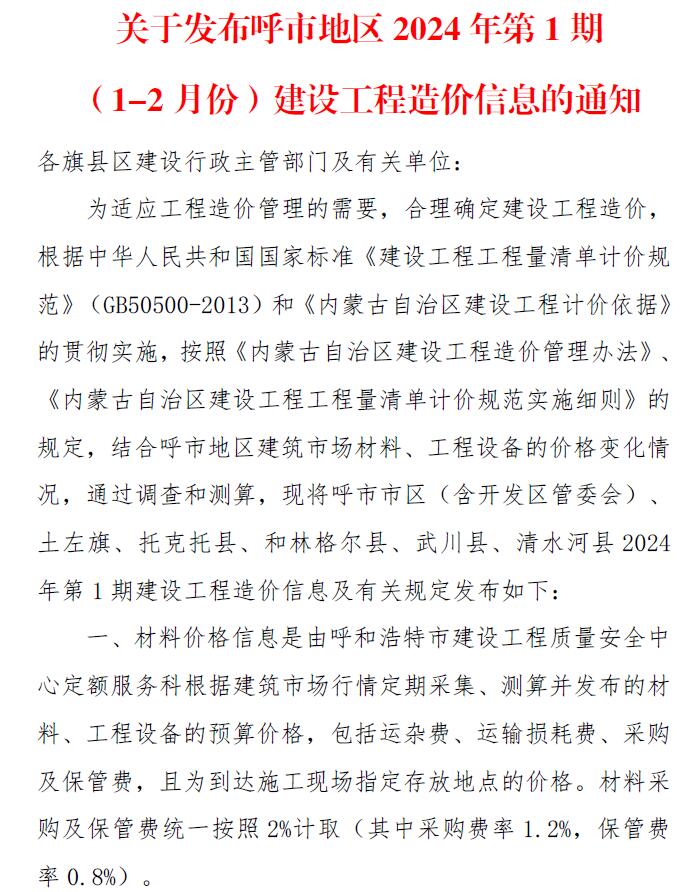 呼和浩特2024年1期1、2月信息价封面