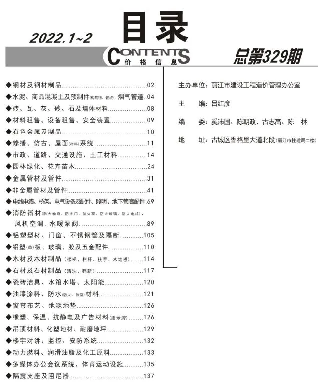 2022年1期1、2月丽江信息价