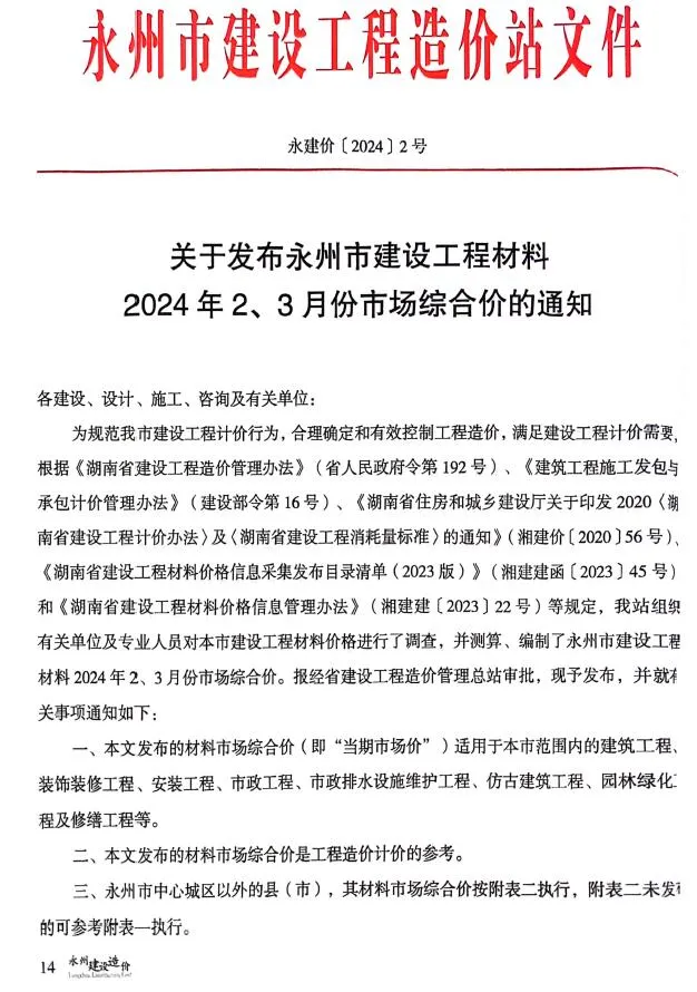 2024年永州信息价