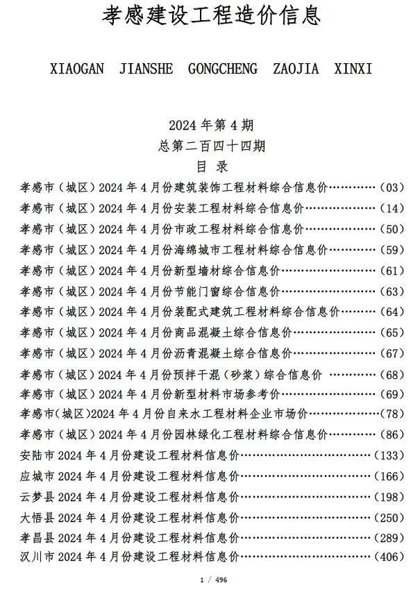 孝感2024年4月信息价