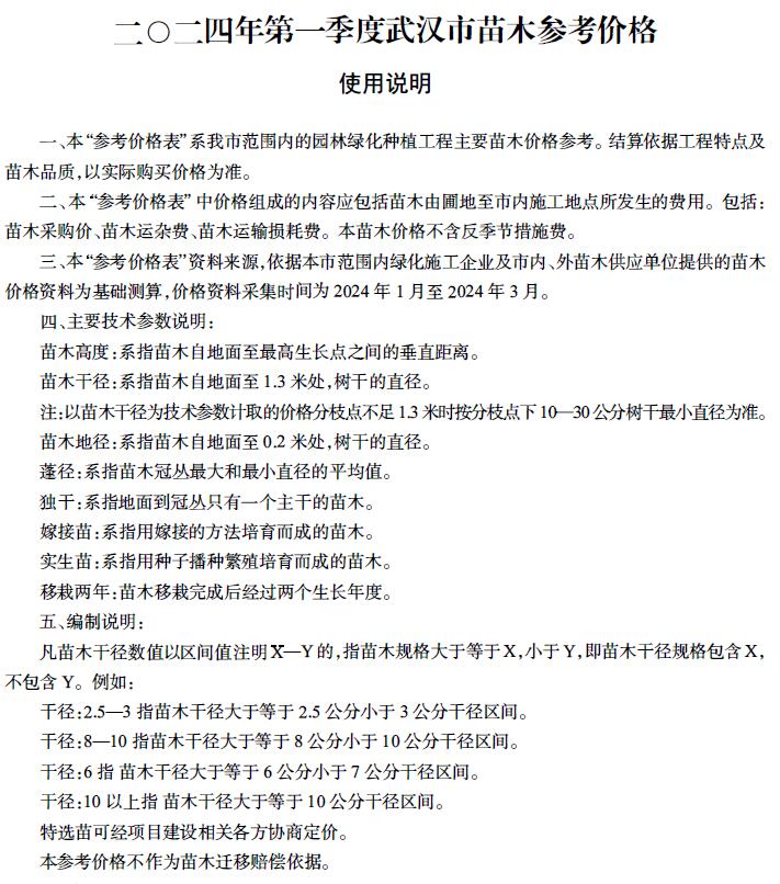 武汉2024年1季度苗木1、2、3月工程信息价_武汉市信息价期刊PDF扫描件电子版
