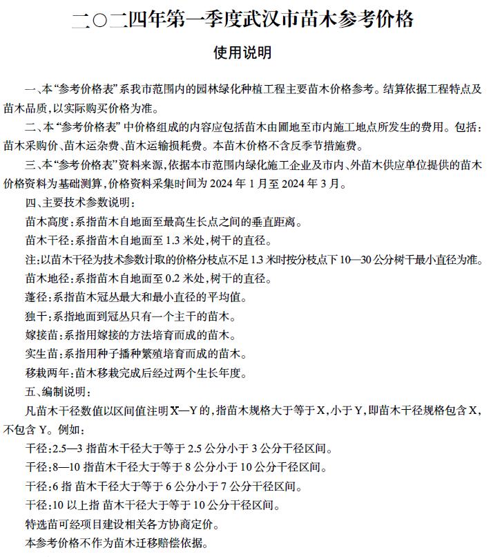 武汉2024年1季度苗木1、2、3月信息价封面
