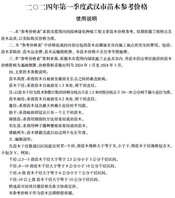 武汉2024年1季度苗木1、2、3月信息价_武汉市信息价期刊PDF扫描件电子版