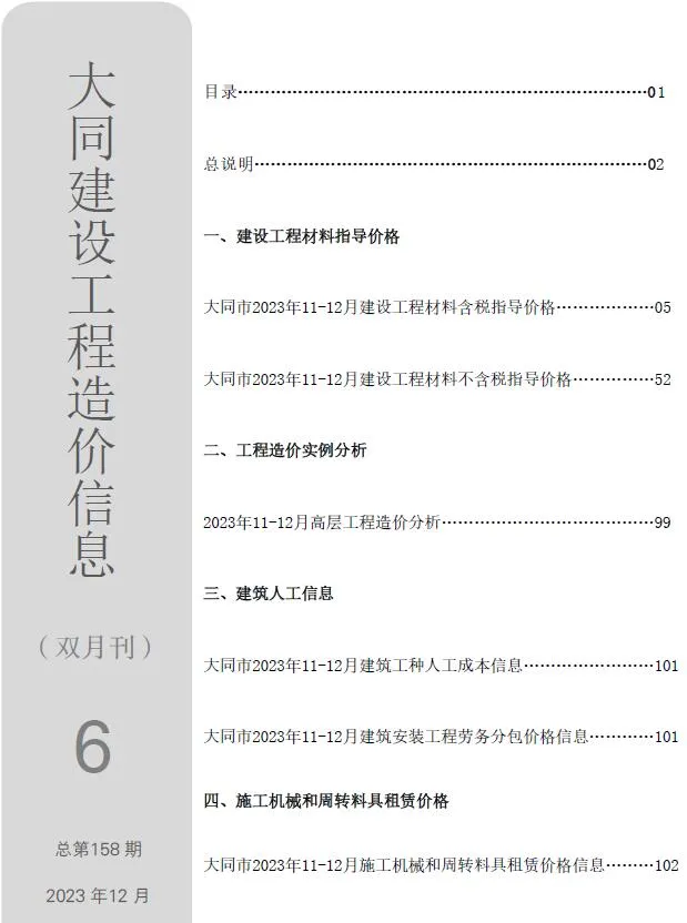 大同2023年6期11、12月信息价