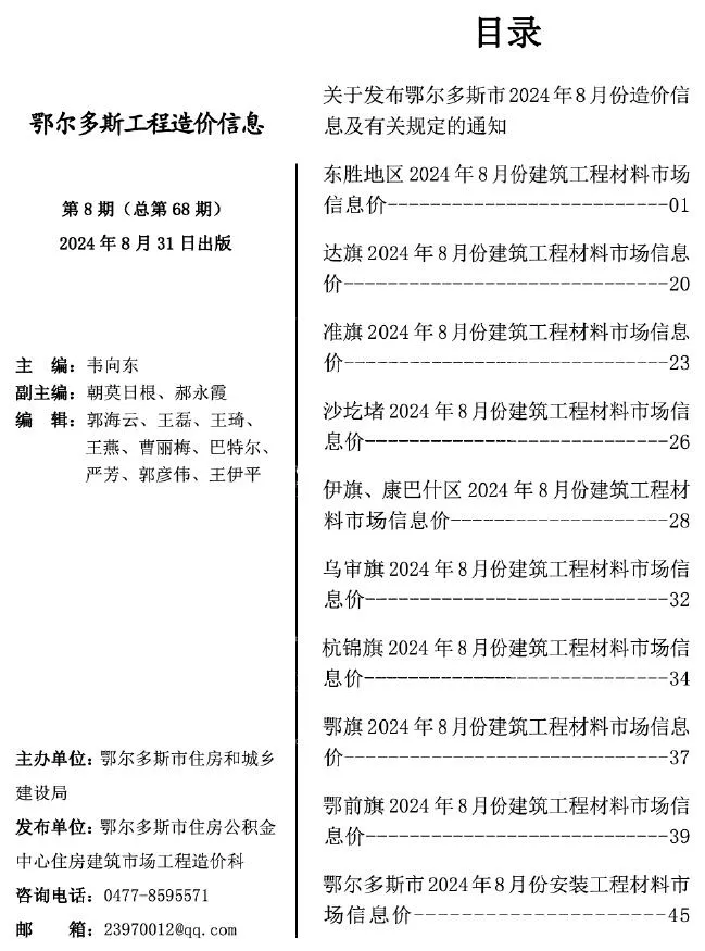 2024年8月鄂尔多斯信息价