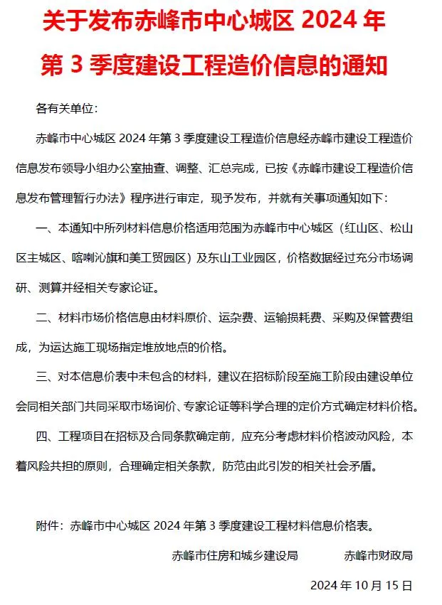 2024年3季度7、8、9月赤峰信息价