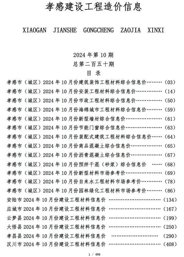 孝感2024年10月信息价