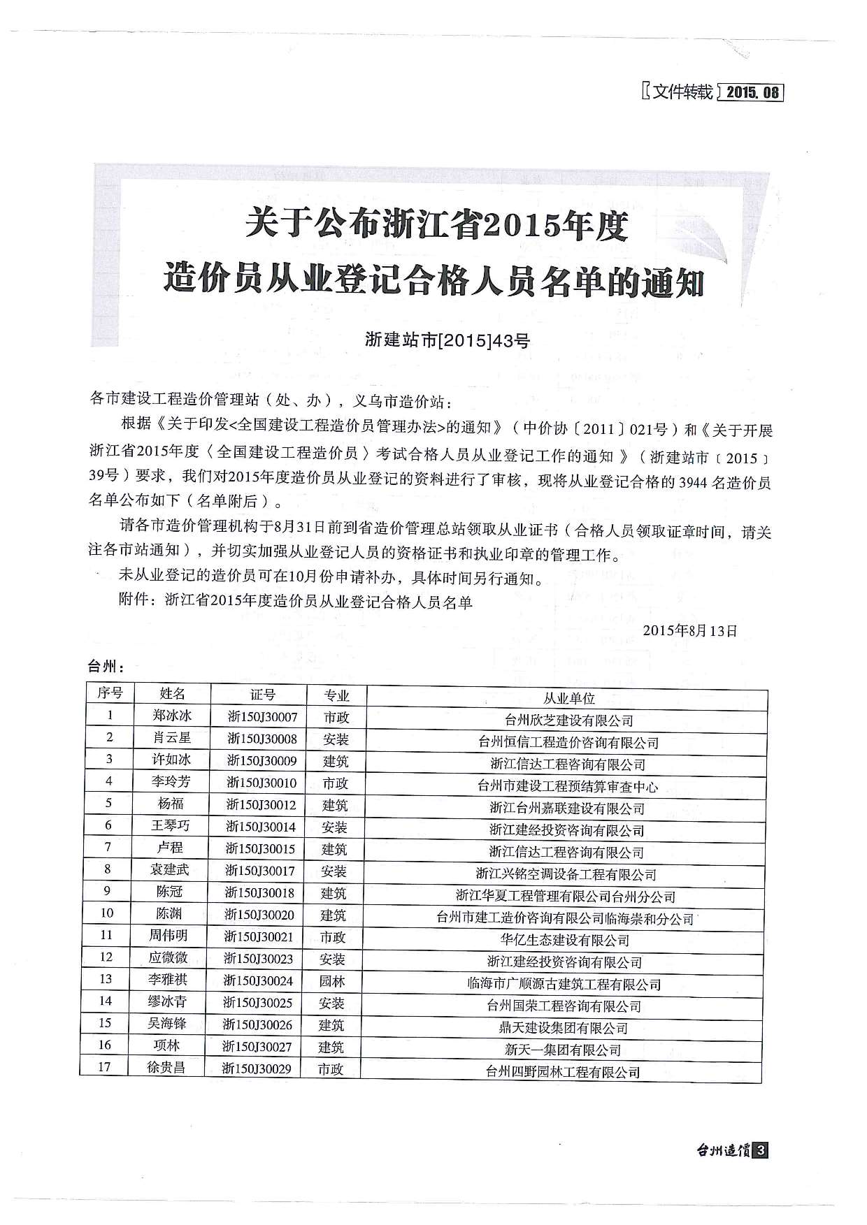 台州市2015年8月信息价封面