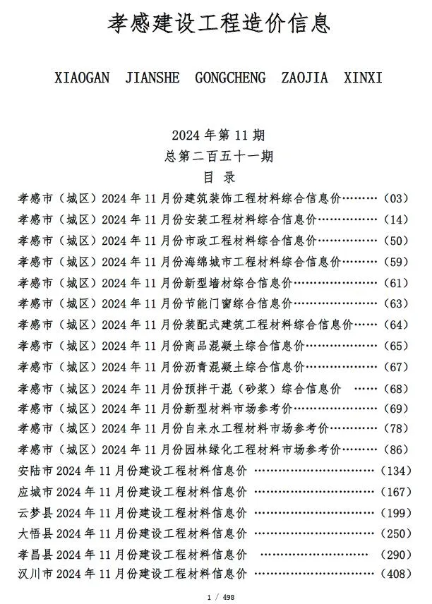 孝感市2024年11月信息价