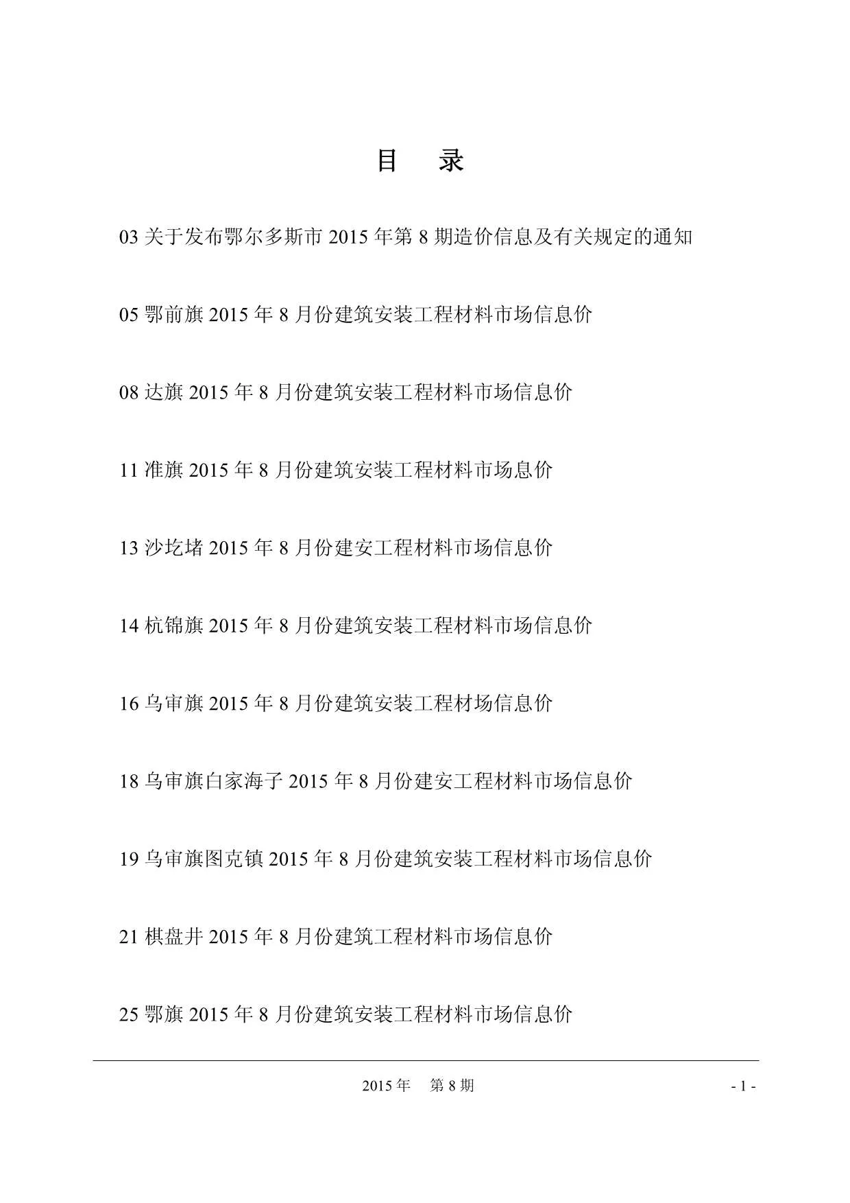 2015年8月鄂尔多斯信息价