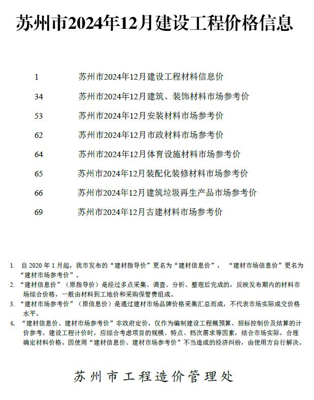 苏州市2024年12月造价信息资料