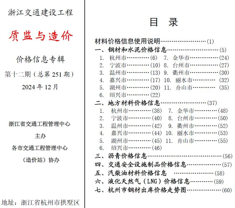 2024年12月质监与造价浙江信息价