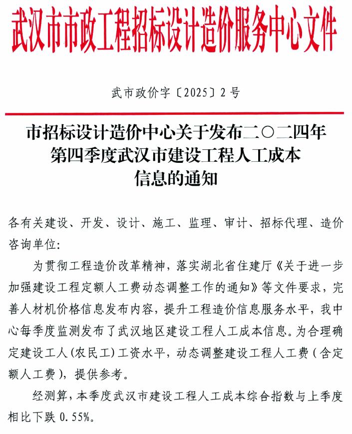 武汉市建设工程2024年4季度人工成本信息(武市政价字[2025]2号)