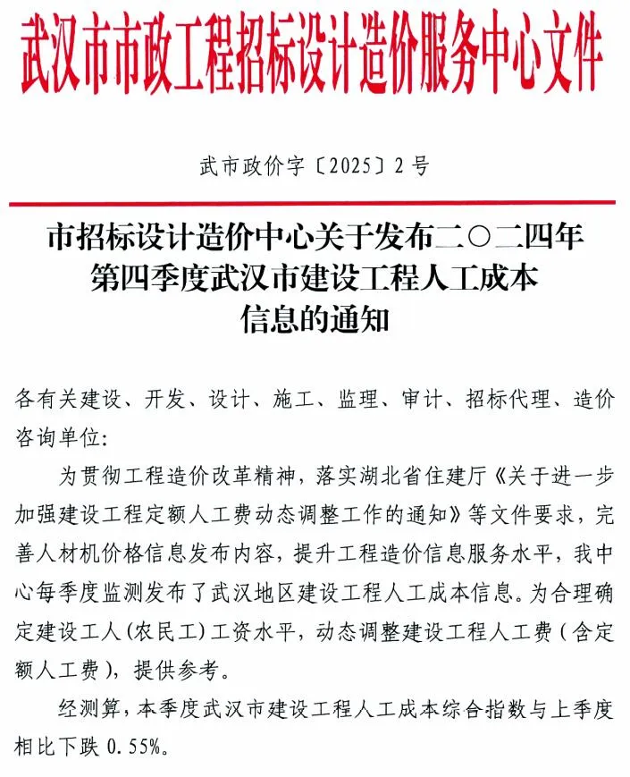电子版武汉市建设工程2024年4季度人工成本信息(武市政价字[2025]2号)