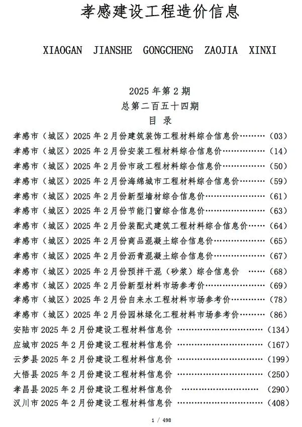 2025年2月孝感信息价