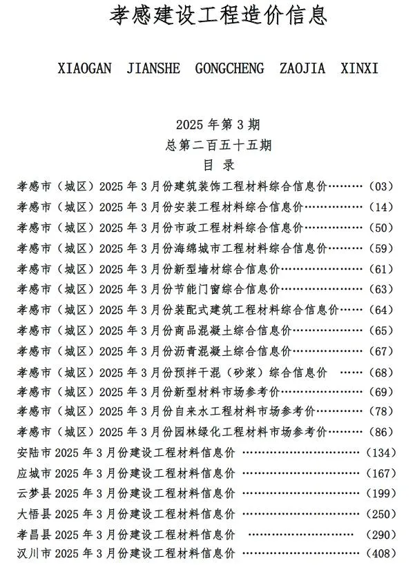 2025年3月孝感信息价