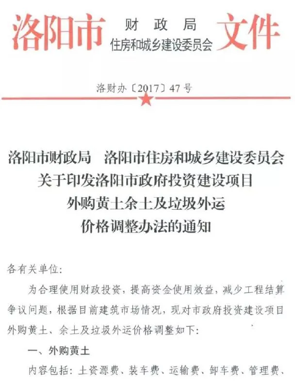 关于印发洛阳市政府投资建设项目外购黄土余土及垃圾外运价格调整办法的通知(洛财办[2017]47号)PDF