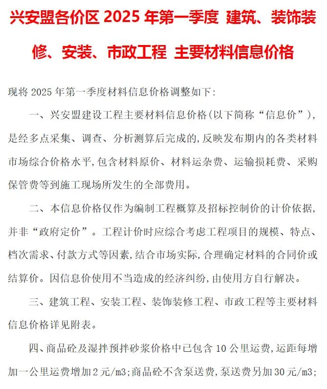 2025年1季度1、2、3月兴安盟信息价