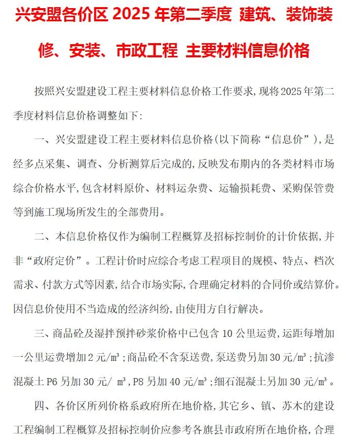 兴安盟2025年2季度4、5、6月信息价