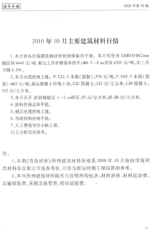 青岛市2010年10月信息价封面