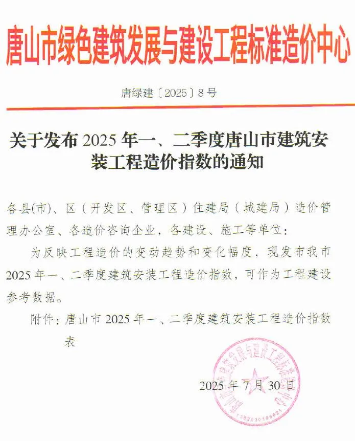 电子版唐山市2025年一、二季度建筑安装工程造价指数