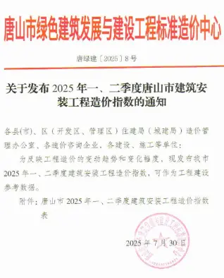 电子版唐山市2025年一、二季度建筑安装工程造价指数