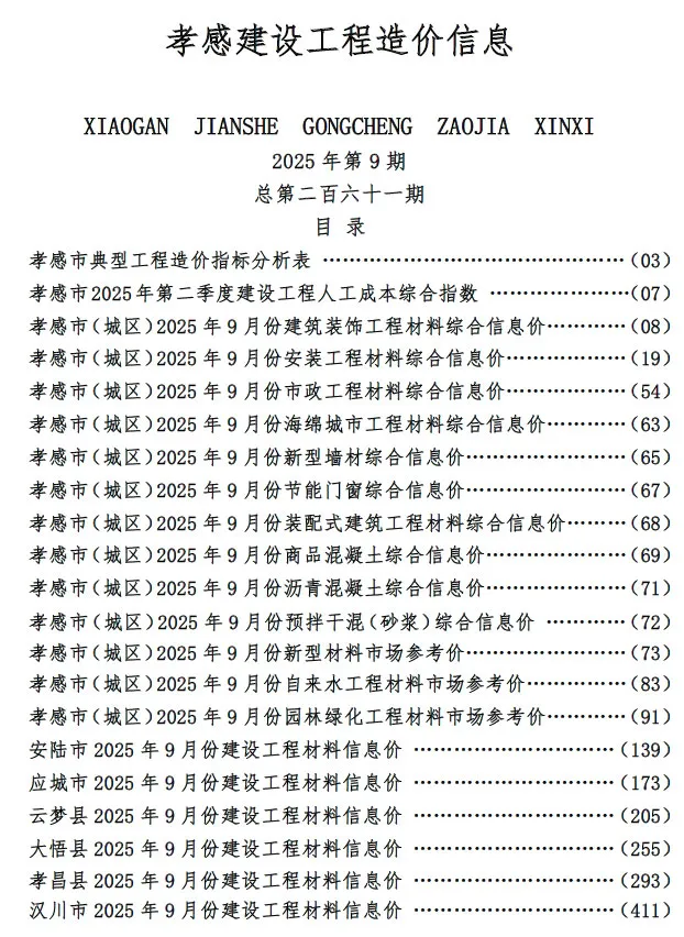 孝感市2025年9月信息价