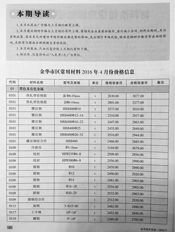 金华市2016年第4期信息价封面