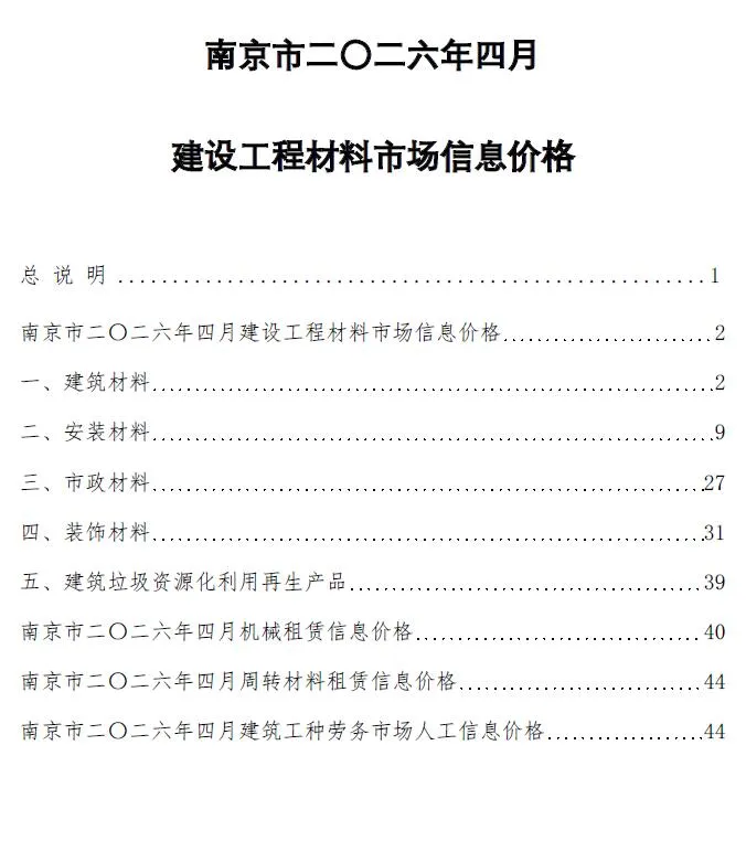 2026年4月南京信息价