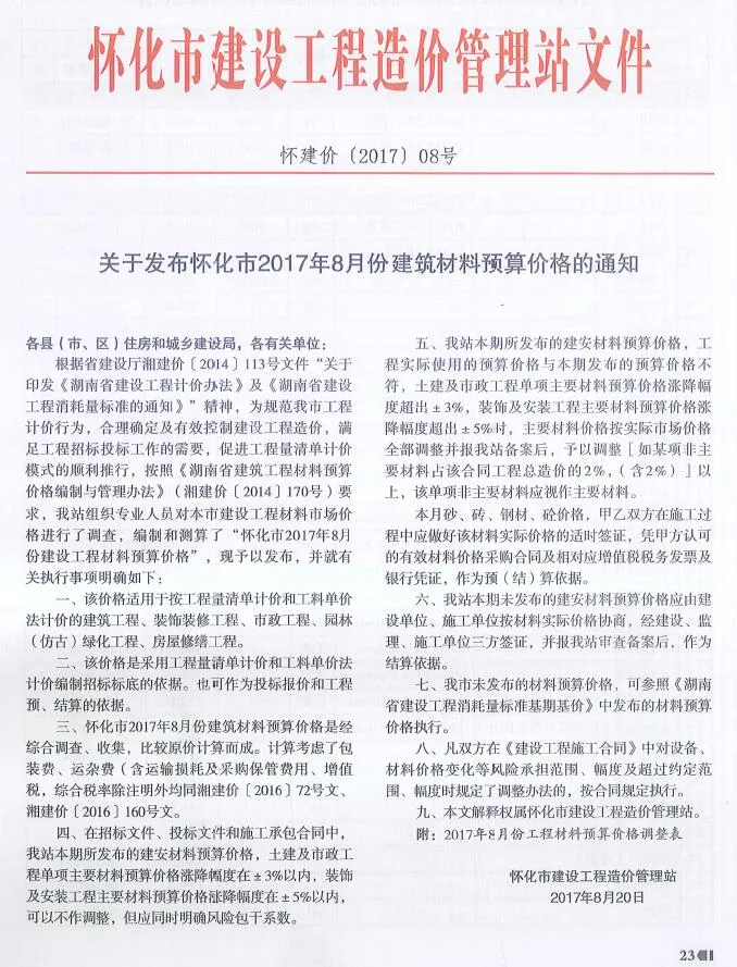 怀化市2017年8月信息价
